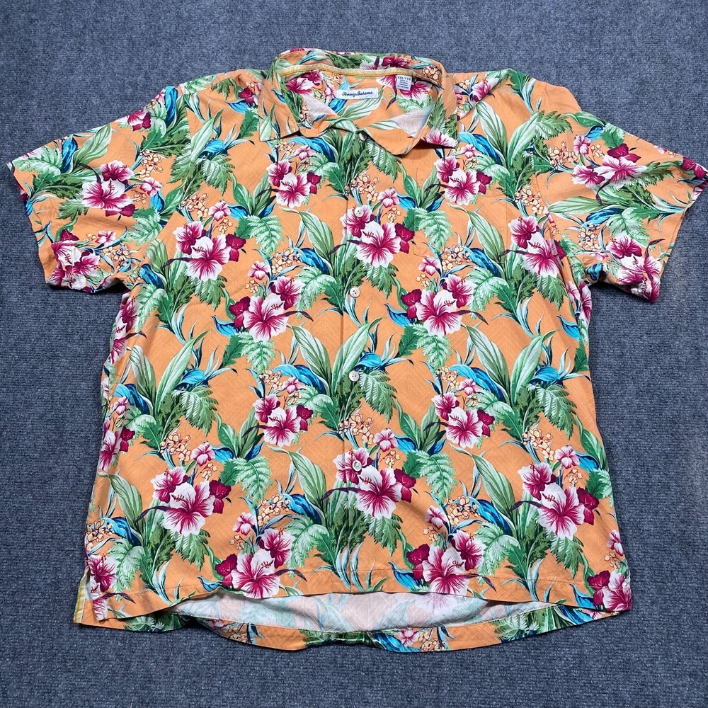 Tommy Bahama XXL Camp Shirt‎ Coco Beach Orange Peel Floral 100% Silk